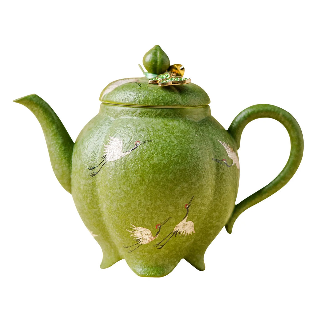 Crane Green Glaze Teapot — Handcrafted Zisha Pot with Enamel Butterfly Lid-4