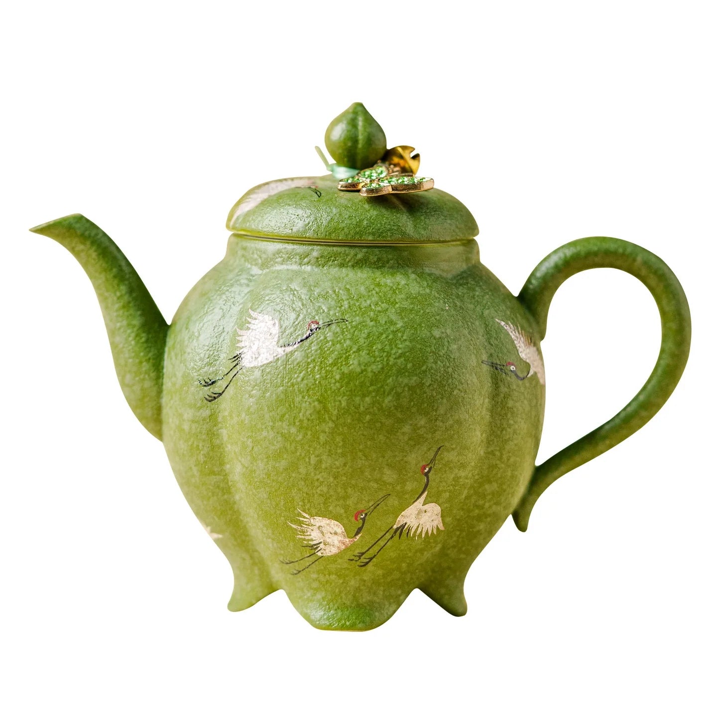 Crane Green Glaze Teapot — Handcrafted Zisha Pot with Enamel Butterfly Lid-4