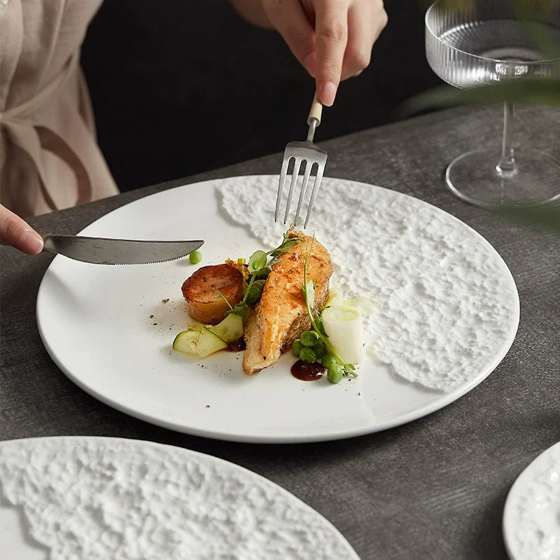 Stone-Texture Contrast Ceramic Plate – Modern Round Dish for Steak or Pasta-2