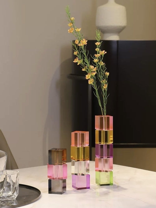 Modern Crystal Cube Bud Vase – Dopamine Rainbow Glass Table Centerpiece-2