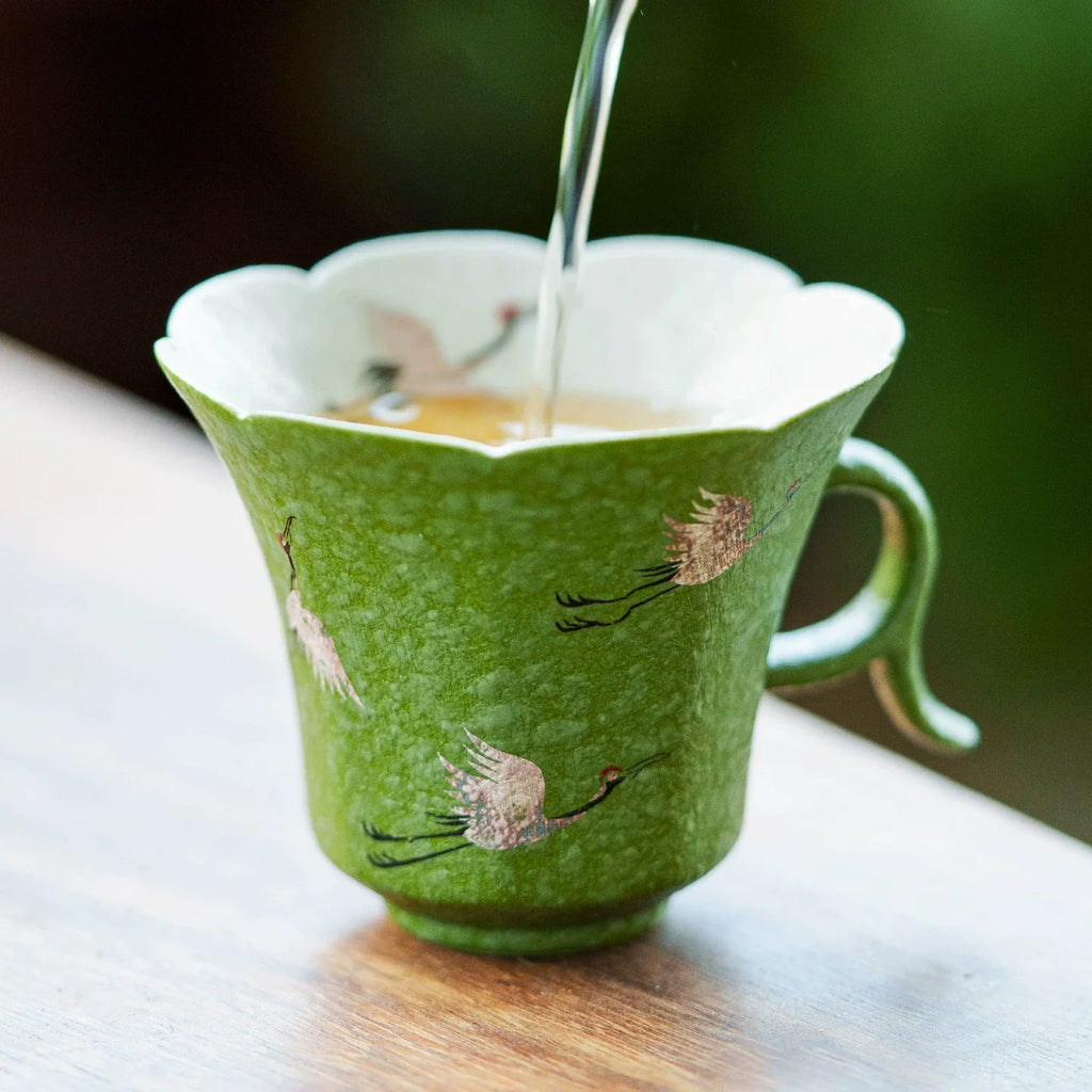 Crane Dance Porcelain Teacup — Celadon Green Floral Rim Teacup with Handle | Gift Set Edition-2
