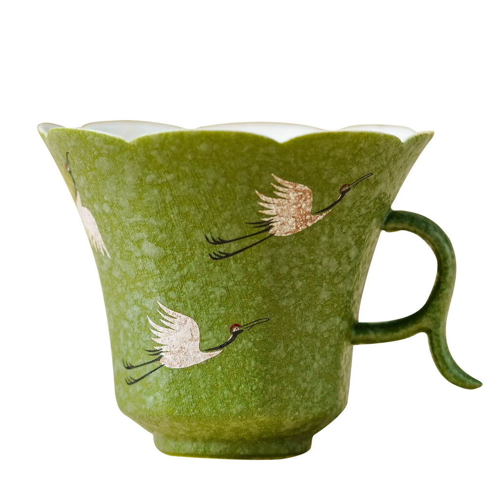 Crane Dance Porcelain Teacup — Celadon Green Floral Rim Teacup with Handle | Gift Set Edition-4