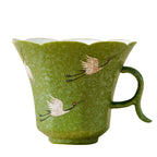 Crane Dance Porcelain Teacup — Celadon Green Floral Rim Teacup with Handle | Gift Set Edition-4