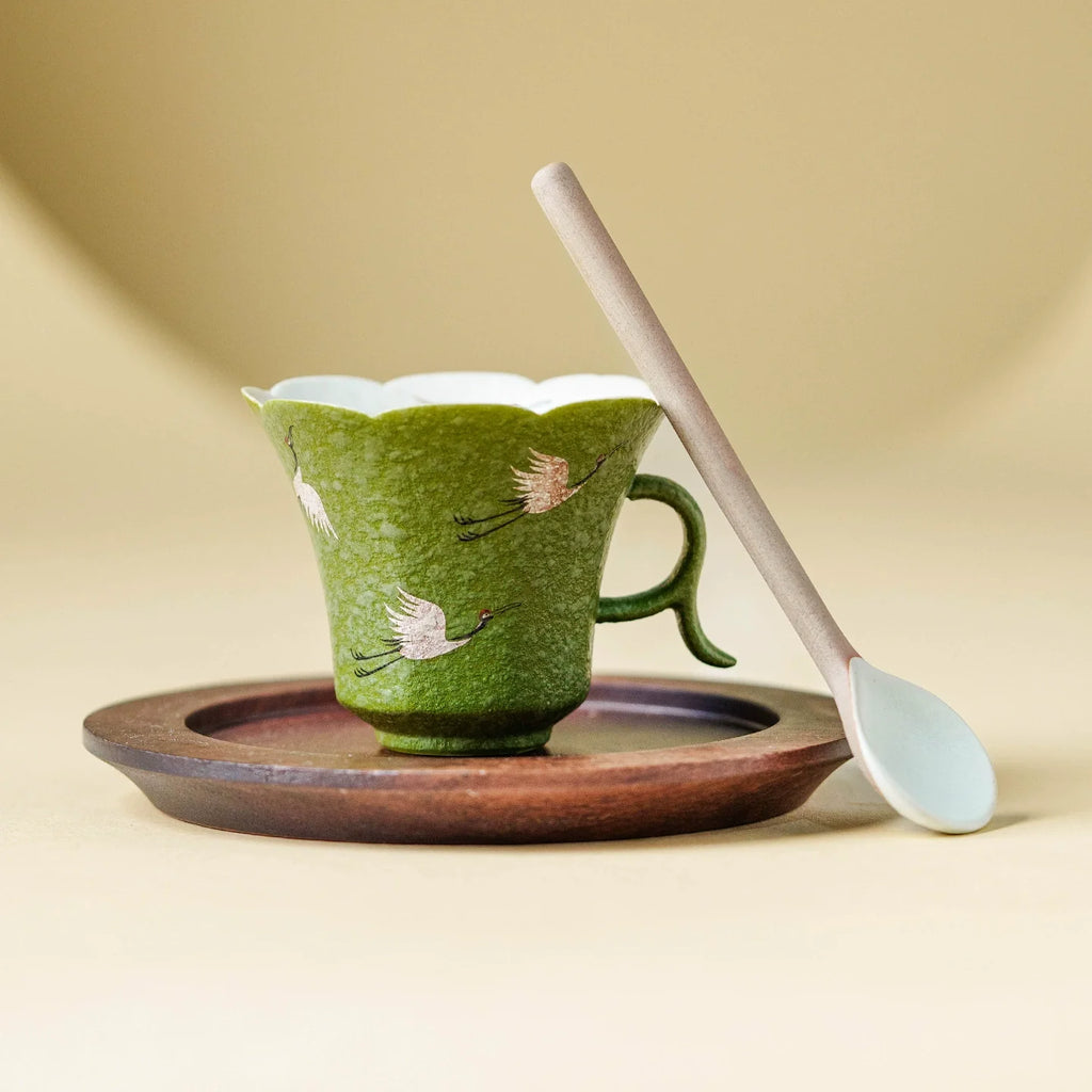 Crane Dance Porcelain Teacup — Celadon Green Floral Rim Teacup with Handle | Gift Set Edition-1