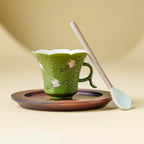 Crane Dance Porcelain Teacup — Celadon Green Floral Rim Teacup with Handle | Gift Set Edition-1