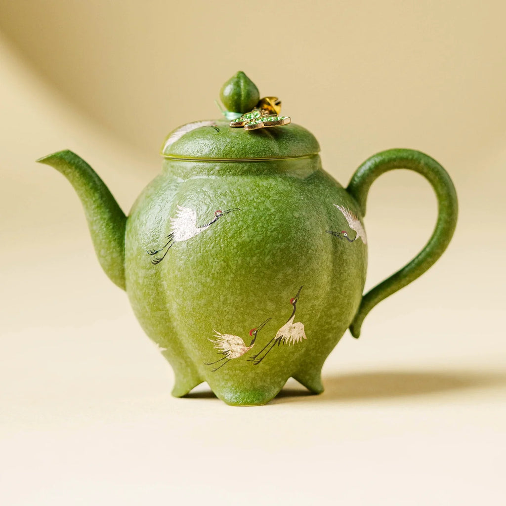 Crane Green Glaze Teapot — Handcrafted Zisha Pot with Enamel Butterfly Lid-0