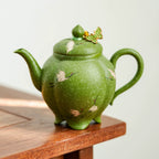Crane Green Glaze Teapot — Handcrafted Zisha Pot with Enamel Butterfly Lid-3