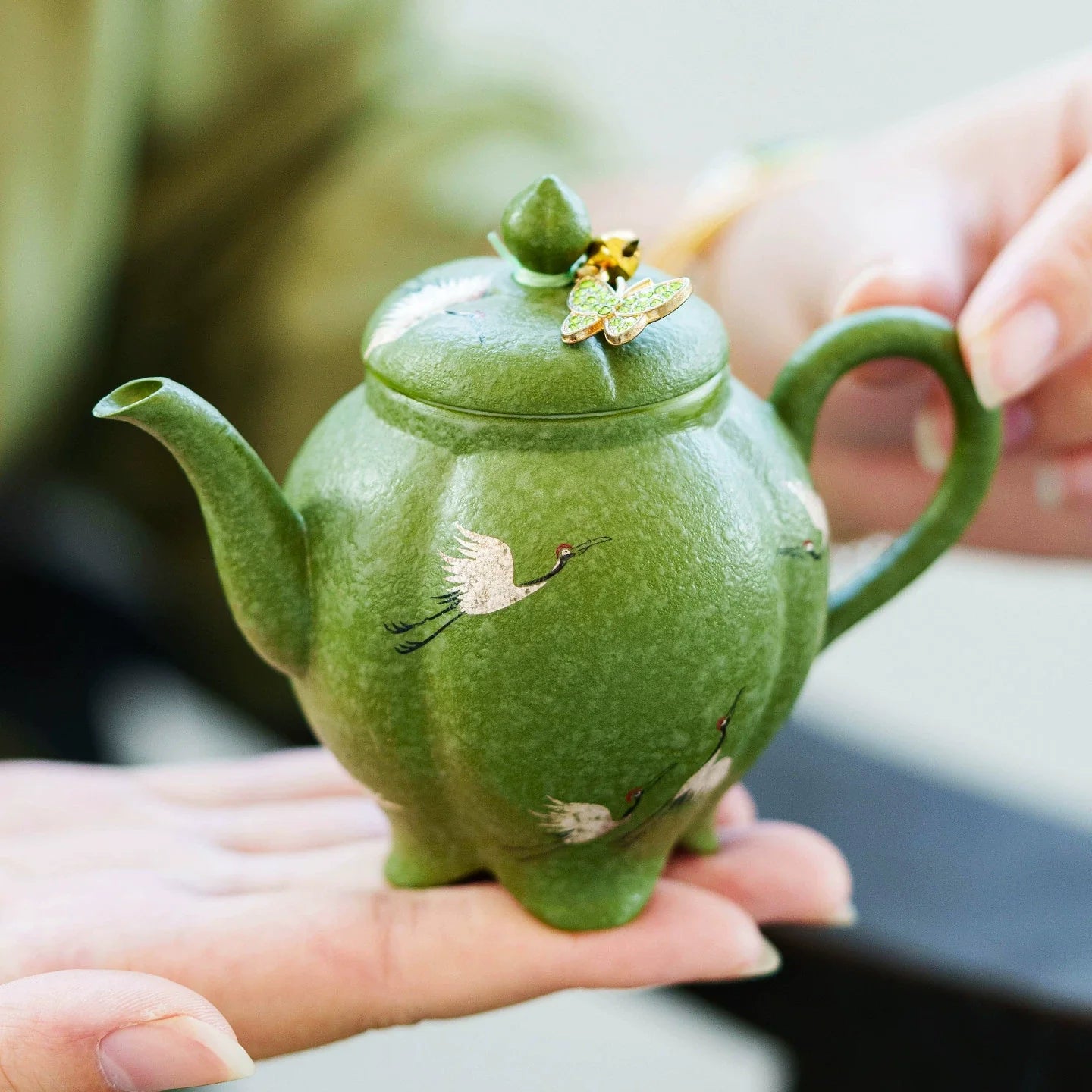 Crane Green Glaze Teapot — Handcrafted Zisha Pot with Enamel Butterfly Lid-1