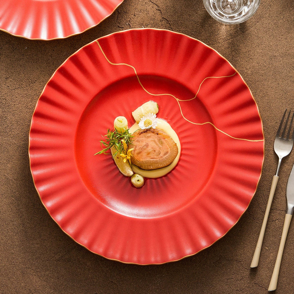 Luxury Red Ceramic Dinner Plate with Golden Veins – Elegant Dining Collection-1