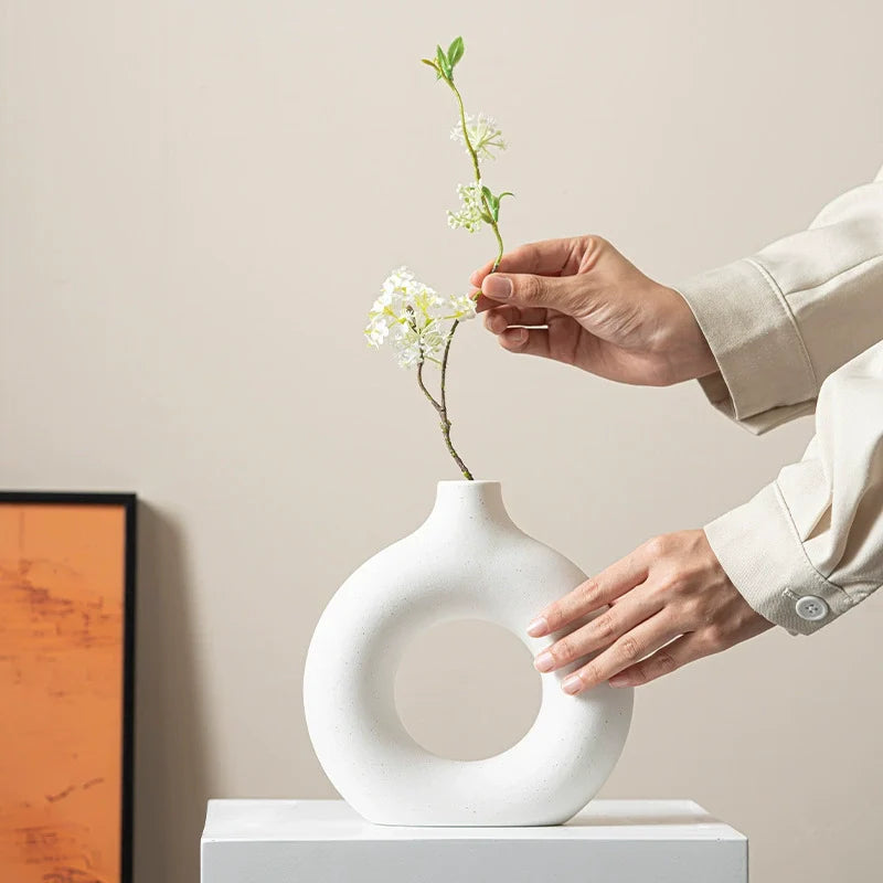 Modern Nordic Circle Ceramic Vase – Minimalist Hollow Sculpture Vessels for Home Decor-0