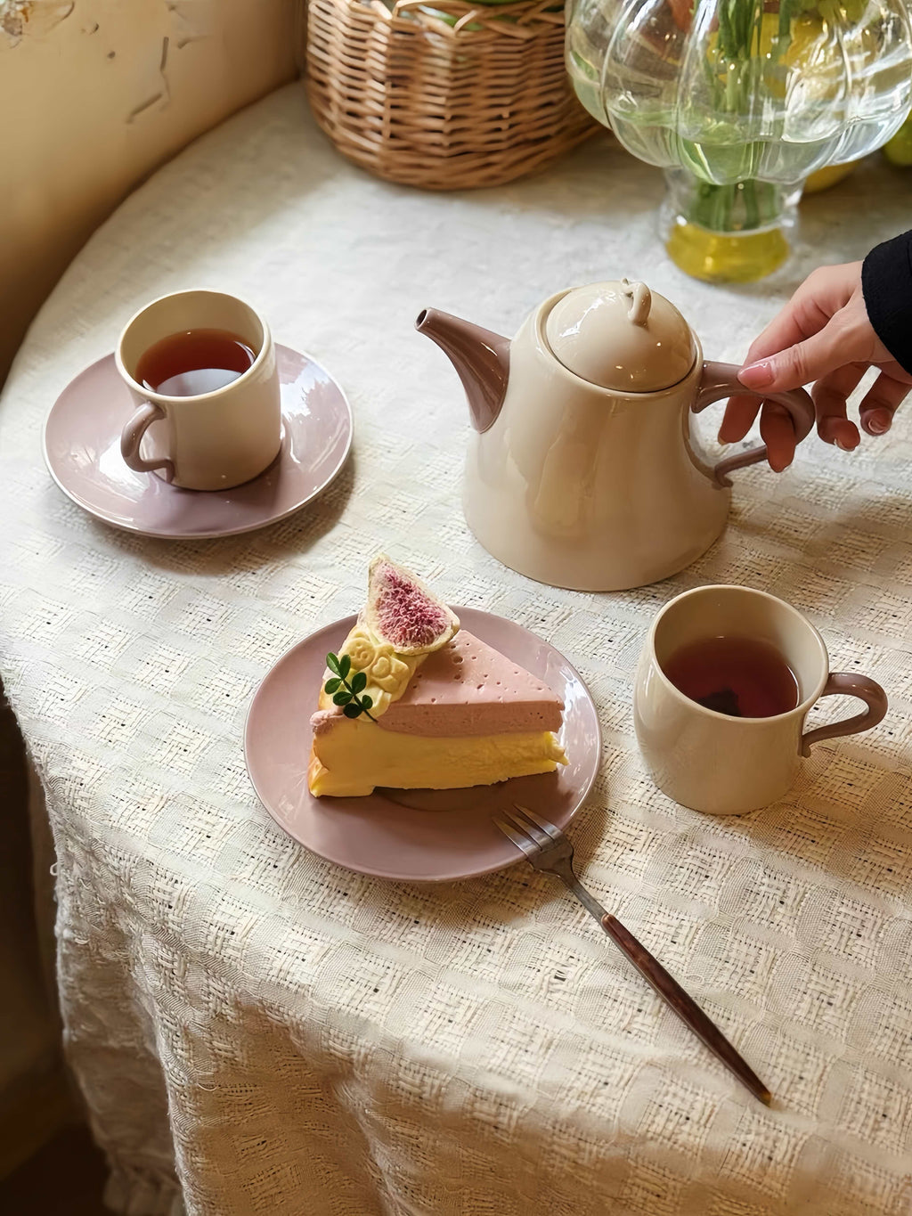 Postmodern Whimsical Wiggle Handle Ceramic Tea Set with Teapot and Mugs-3