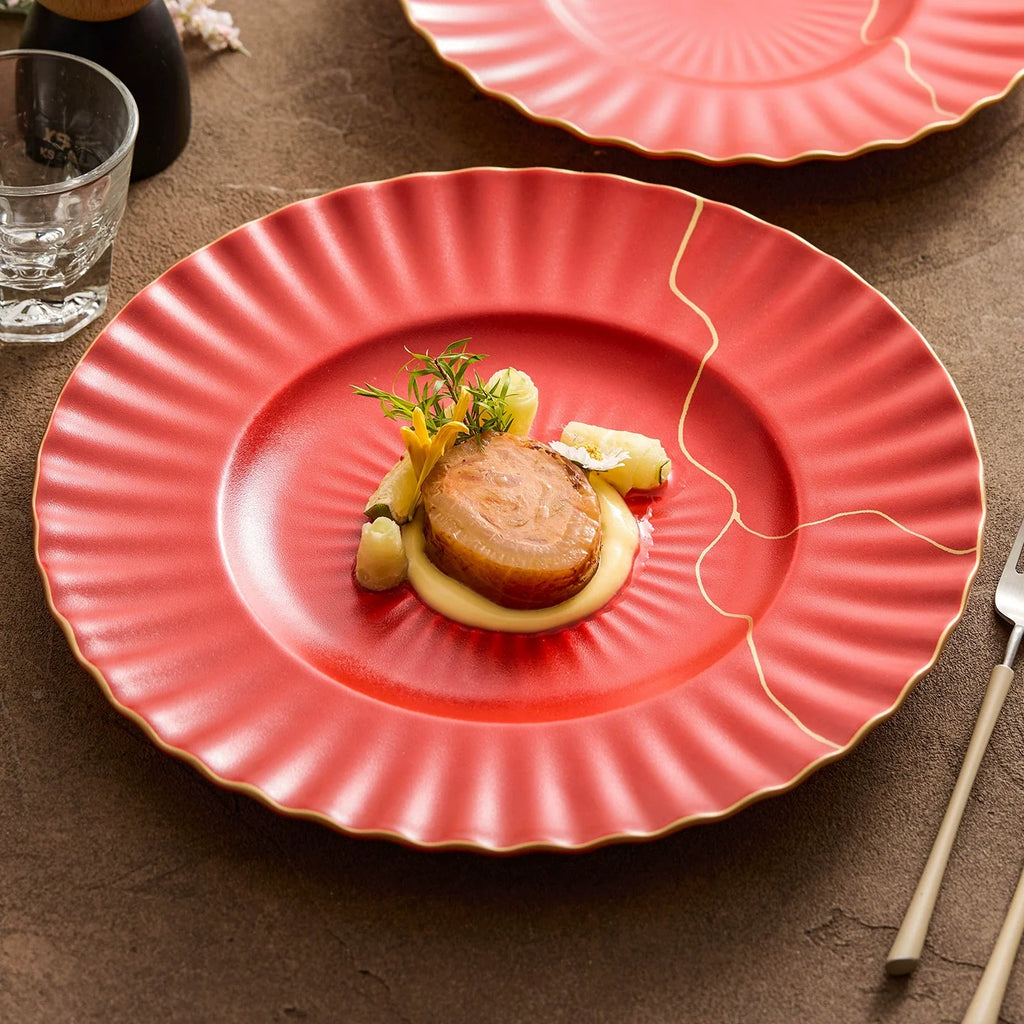 Luxury Red Ceramic Dinner Plate with Golden Veins – Elegant Dining Collection-0