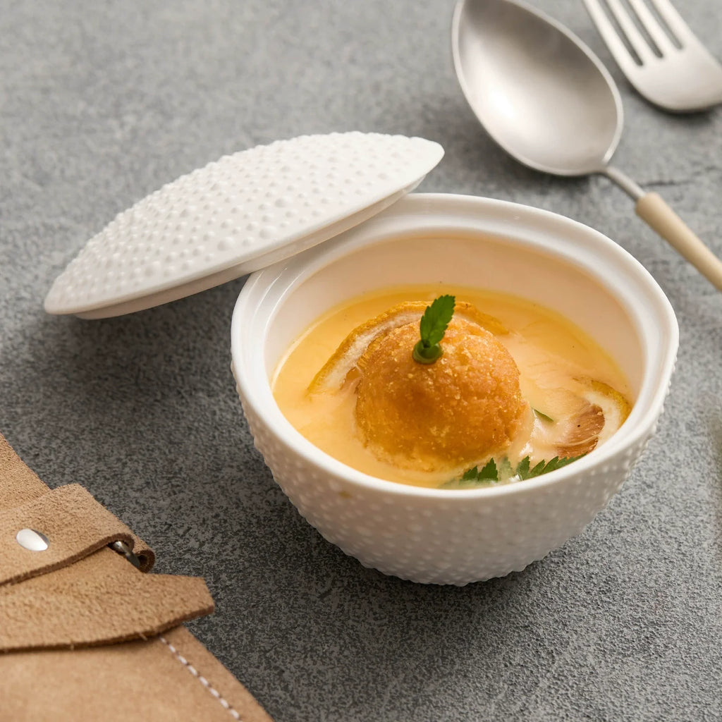 Matte Sea Urchin Texture Ceramic Bowl with Lid – Dessert & Stew Cup-0