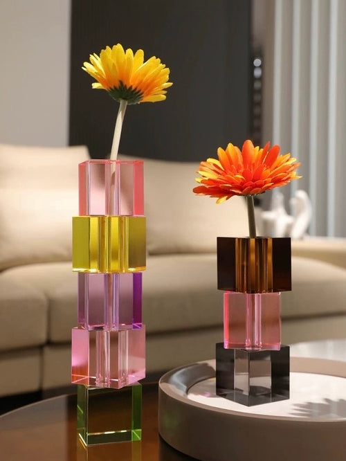 Modern Crystal Cube Bud Vase – Dopamine Rainbow Glass Table Centerpiece-4