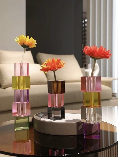 Modern Crystal Cube Bud Vase – Dopamine Rainbow Glass Table Centerpiece-0