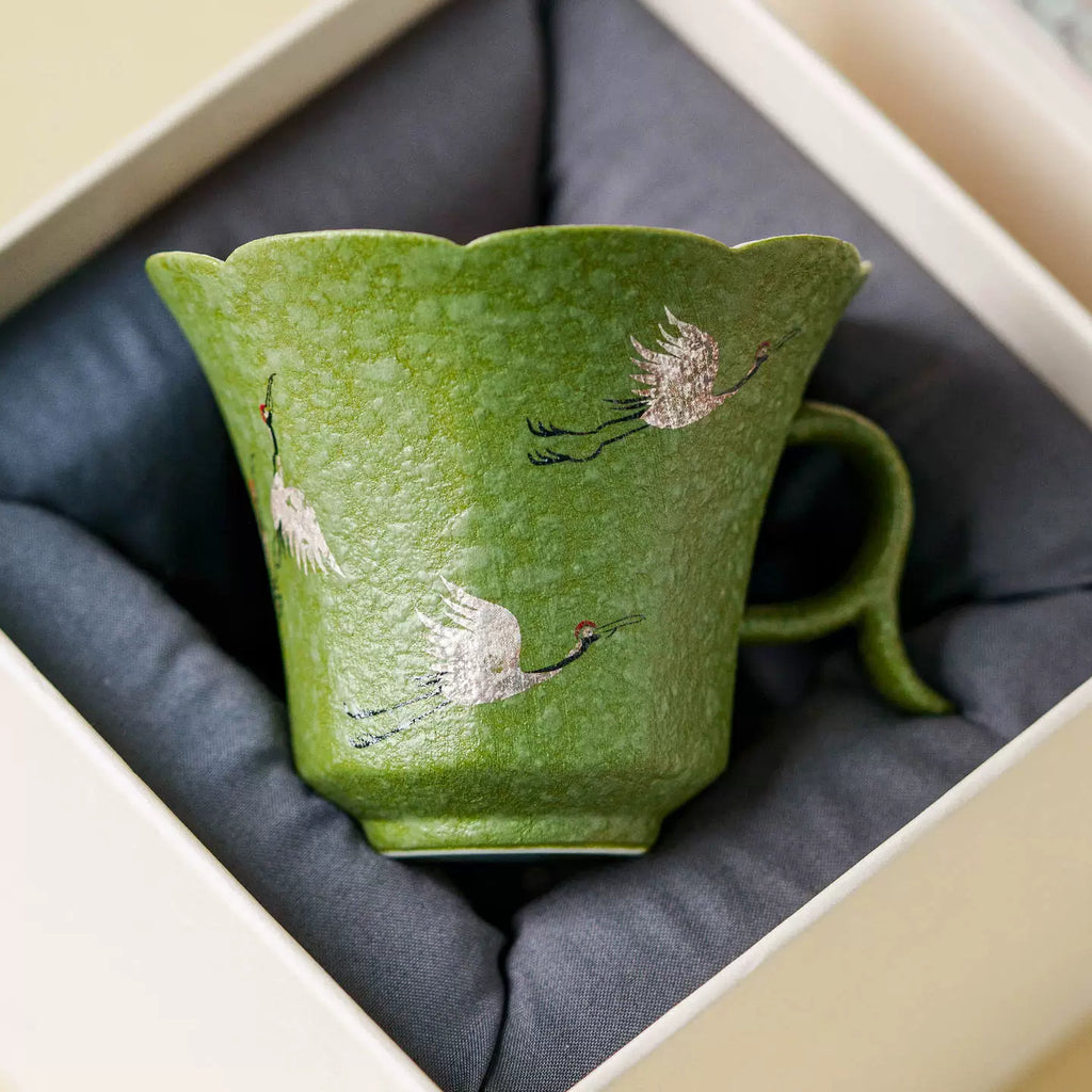 Crane Dance Porcelain Teacup — Celadon Green Floral Rim Teacup with Handle | Gift Set Edition-3