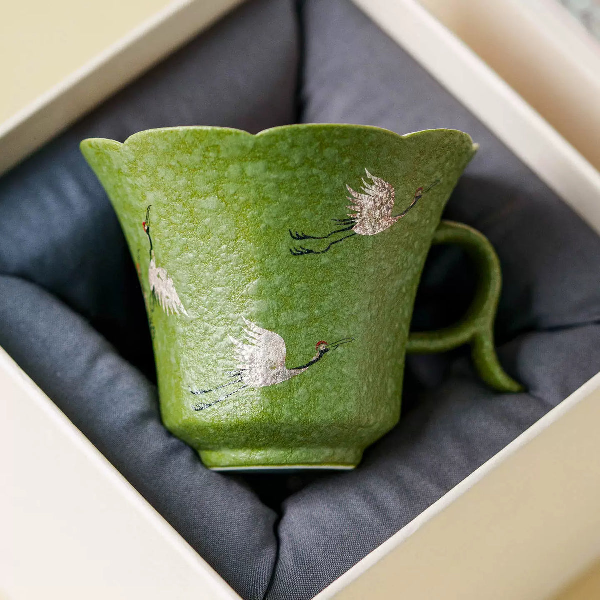 Crane Dance Porcelain Teacup — Celadon Green Floral Rim Teacup with Handle | Gift Set Edition-3