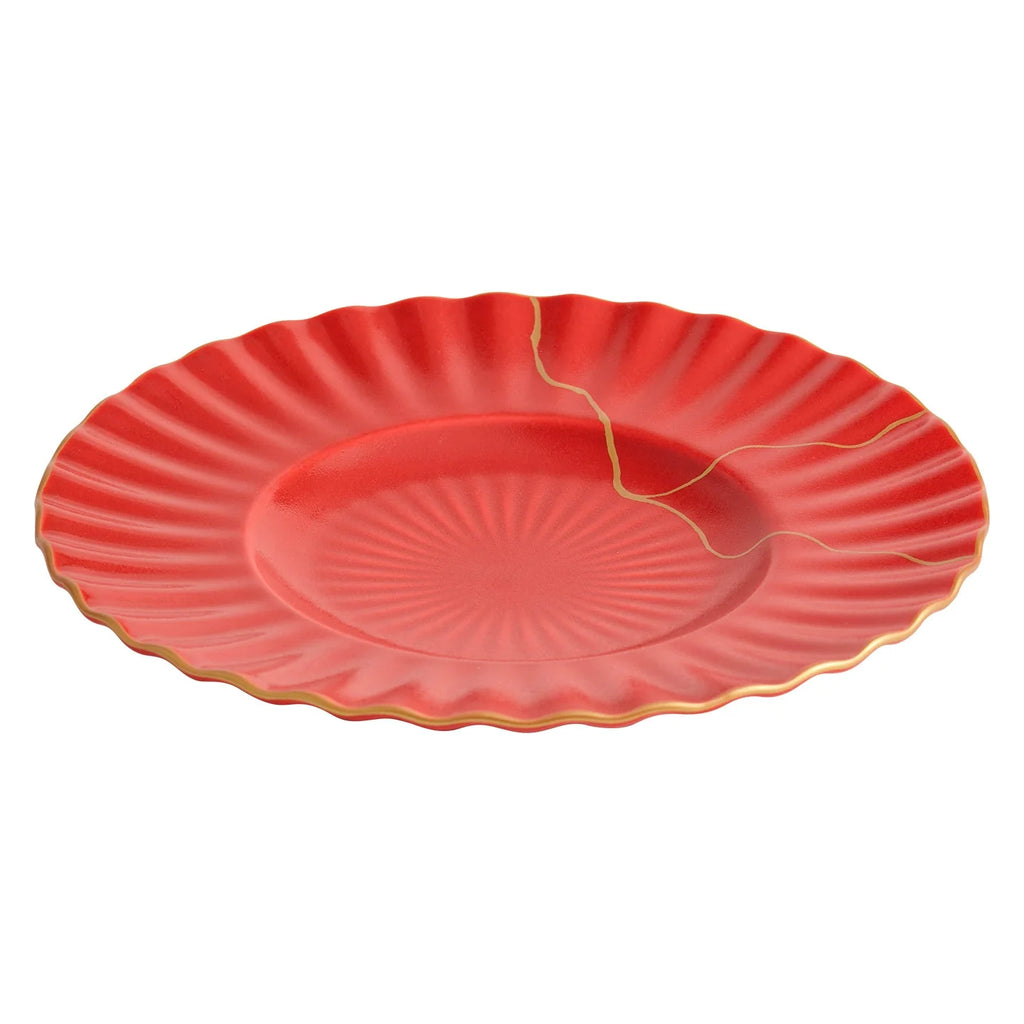 Luxury Red Ceramic Dinner Plate with Golden Veins – Elegant Dining Collection-4