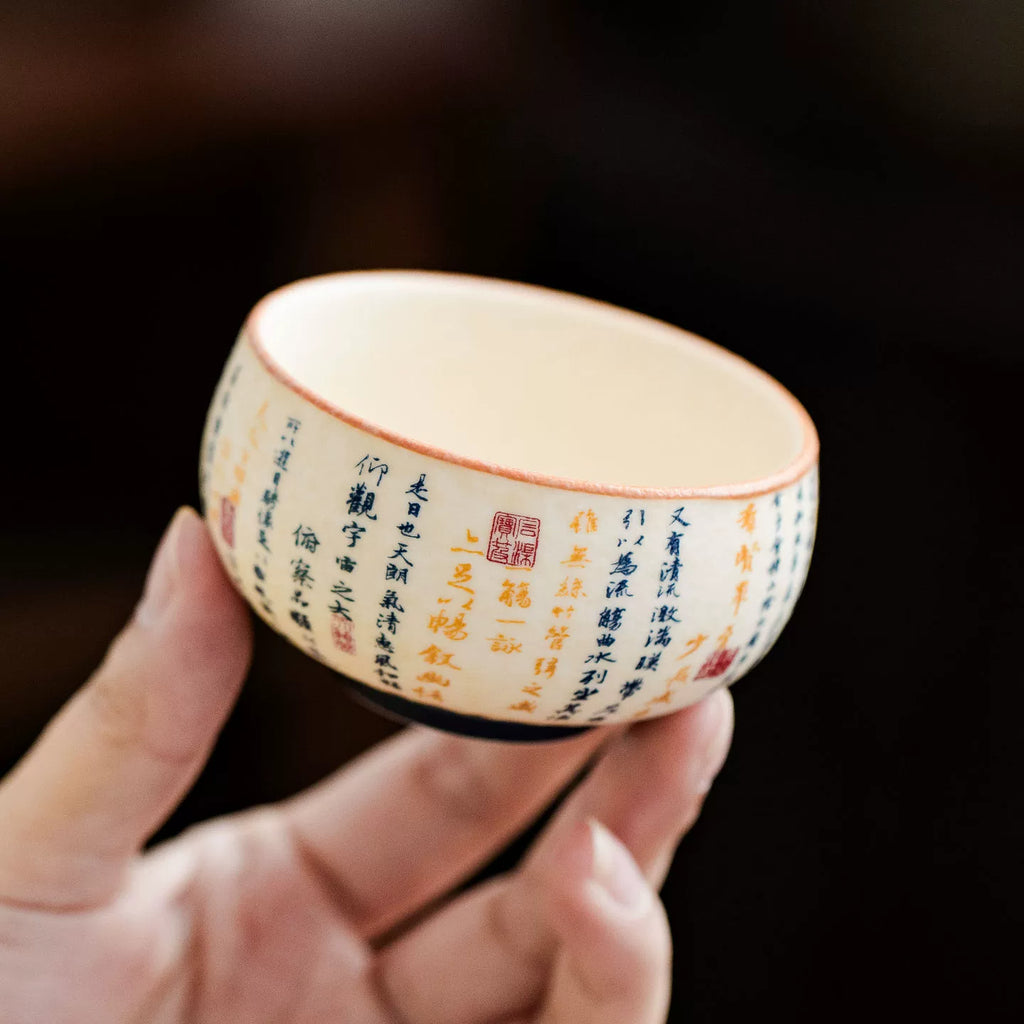 High-Fired Mineral White Porcelain Calligraphy Luohan Tea Cup – Lantingxu Series-3