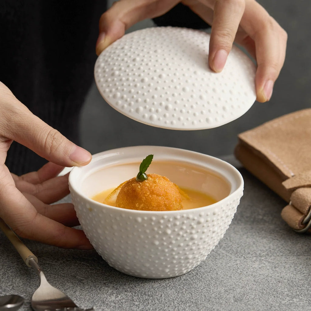 Matte Sea Urchin Texture Ceramic Bowl with Lid – Dessert & Stew Cup-1