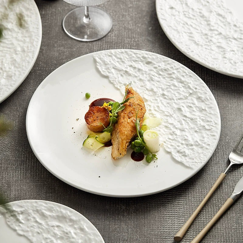 Stone-Texture Contrast Ceramic Plate – Modern Round Dish for Steak or Pasta-0