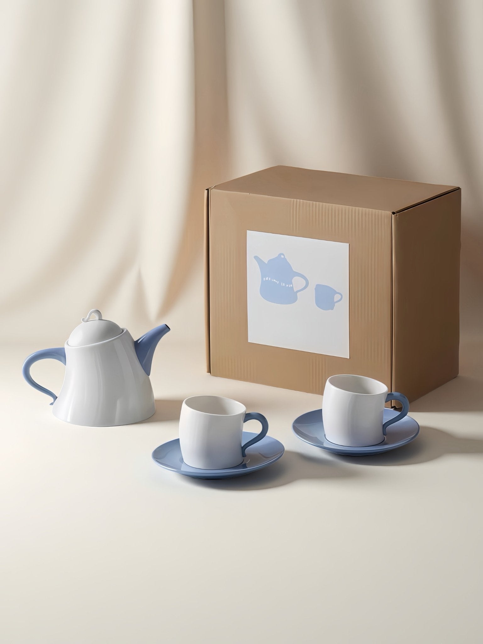 Postmodern Whimsical Wiggle Handle Ceramic Tea Set with Teapot and Mugs-5